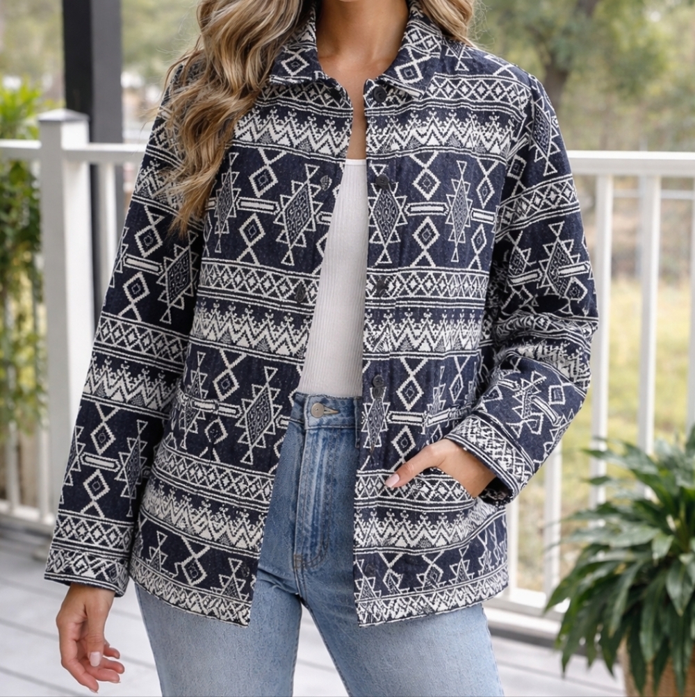 Chico’s Design Black & White Tribal Aztec Print Jacket Button Front Size L